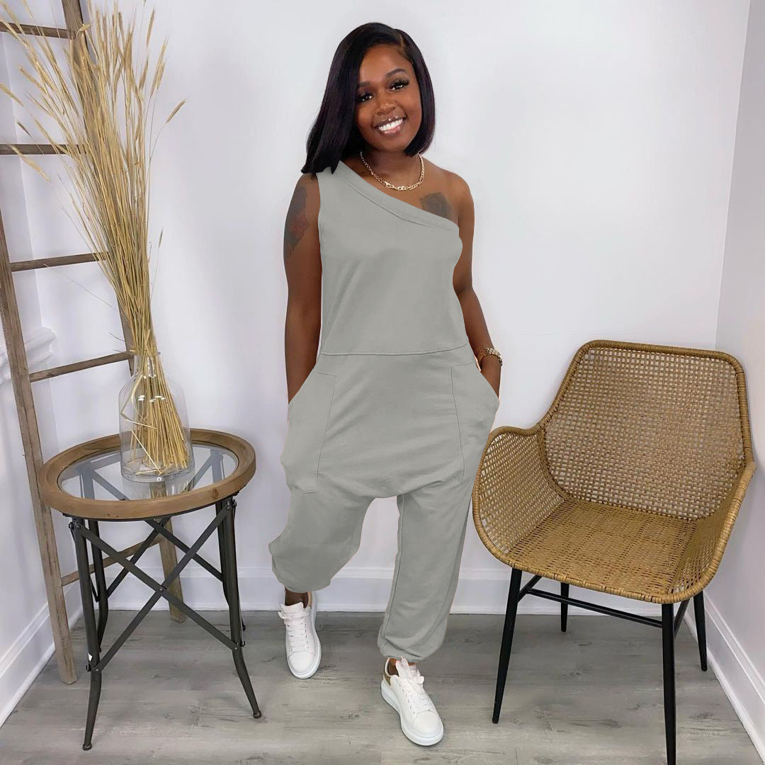 Women's Loose Street Sloping-shoulder Off The-shoulder Pocket Long Sports Jumpsuit