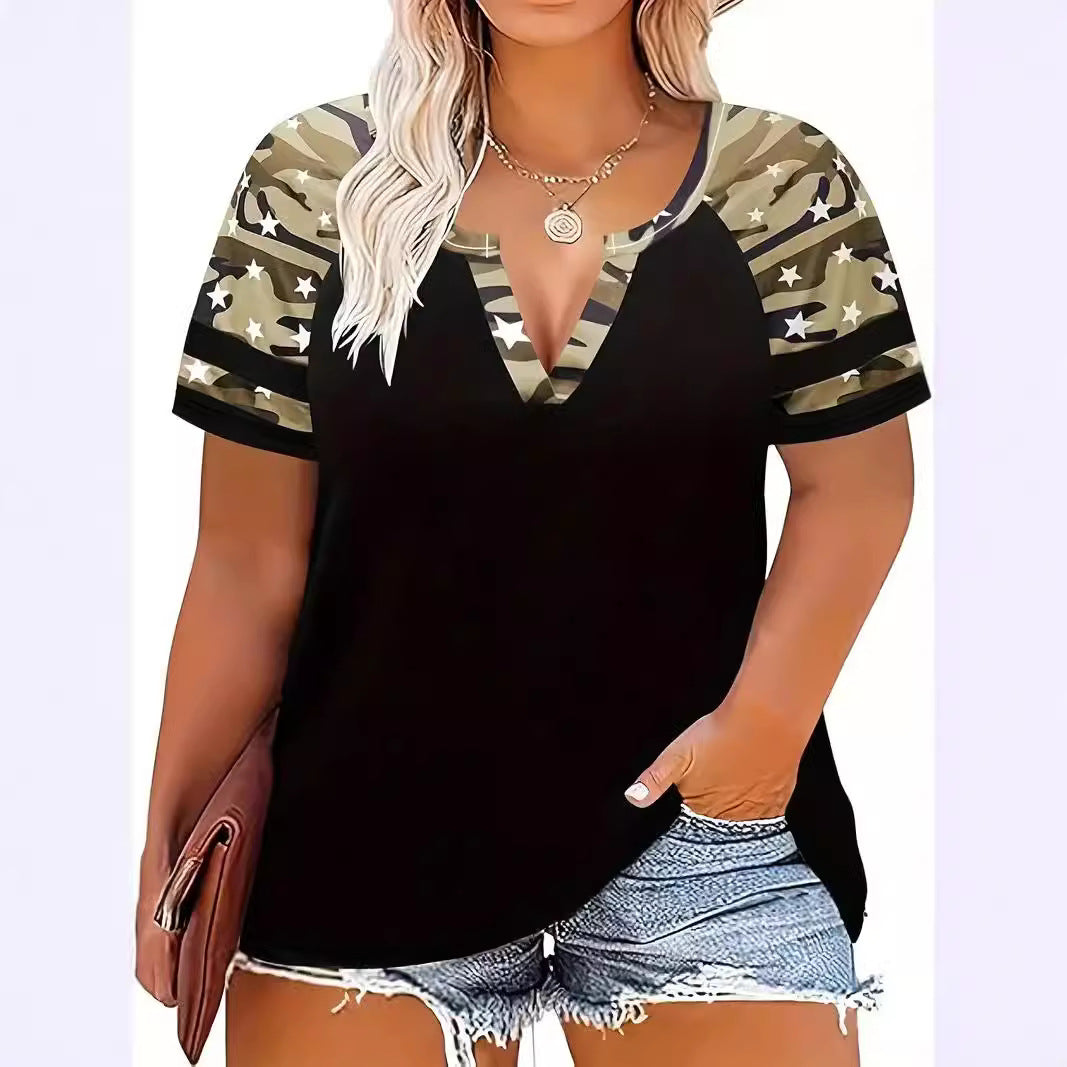 Leopard Print Printed V-neck Women's Versatile Casual Slim-fit Short Sleeve