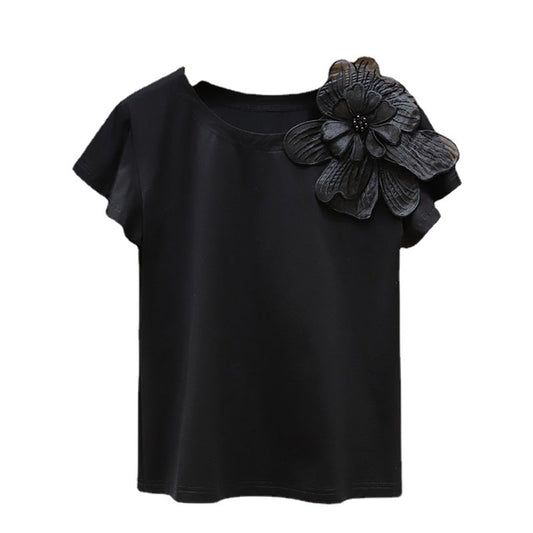 Round Neck Three-dimensional Flower Decoration Fashion Ruffle Sleeve Loose Slim Top