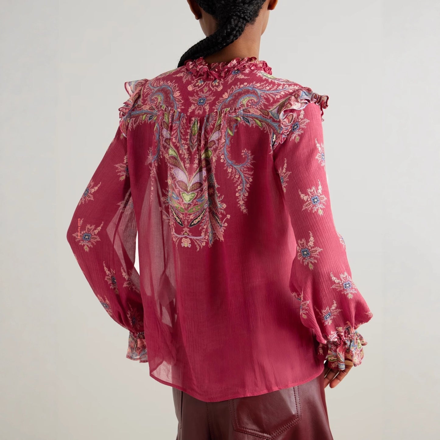 Retro-printed Chiffon Long-sleeve Shirt And Ruffled Maxi Skirt Two-piece Set