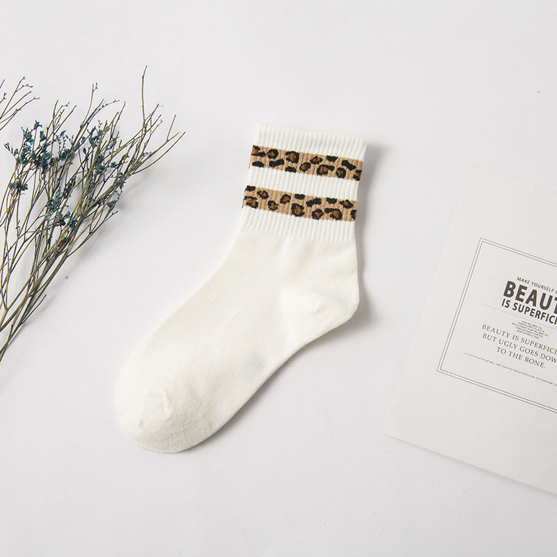 Leopard Print Women's Mid Tube Stockings Bunching Socks