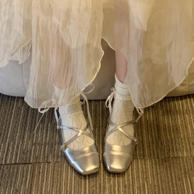 Silver Ballet French Mary Jane Square Toe Low Heel Shoes