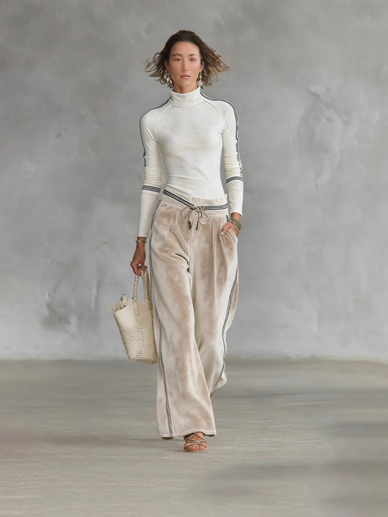 Stylish Casual Sporty Turtleneck Zip-up Wide-leg Pants Set