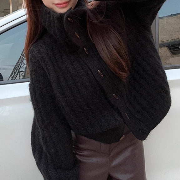 Retro Soft Design Horn Button Turtleneck Sweater