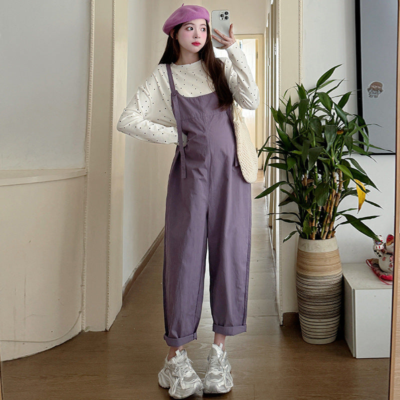 Casual Denim Suspender Pants Polka Dot Top Two-piece Set