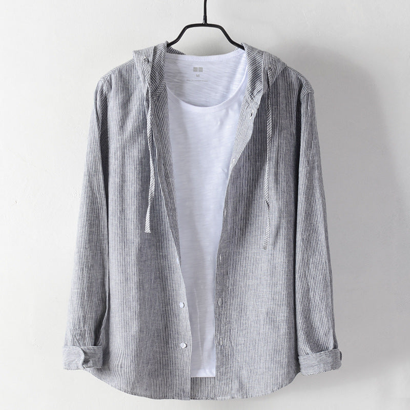 Men's Cotton And Linen Casual Hooded Long-sleeved Shirt