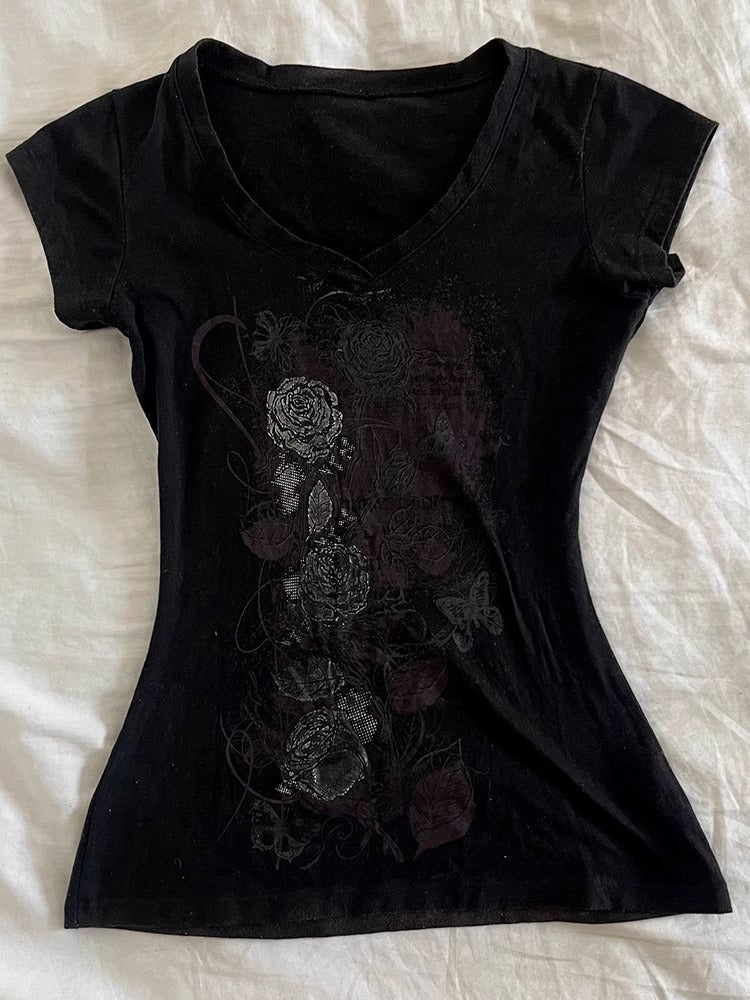 Printed Straight-shoulder Short-sleeve T-shirt With A Fitted Waist