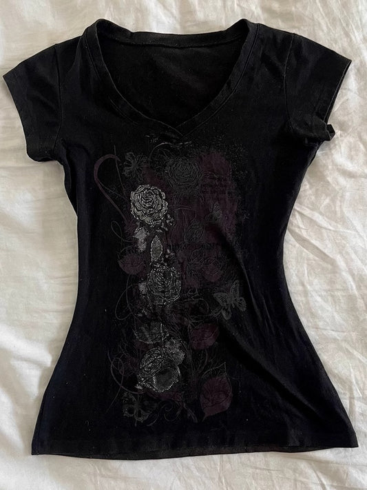 Printed Straight-shoulder Short-sleeve T-shirt With A Fitted Waist
