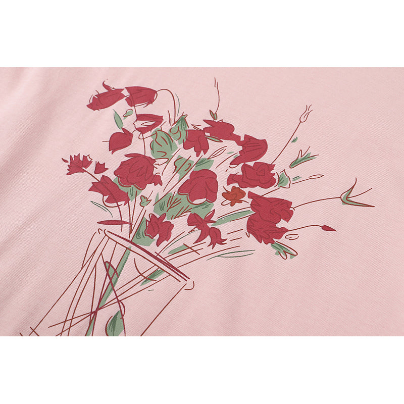 Women's Loose Rose Print Trendy Short Sleeve T-shirt