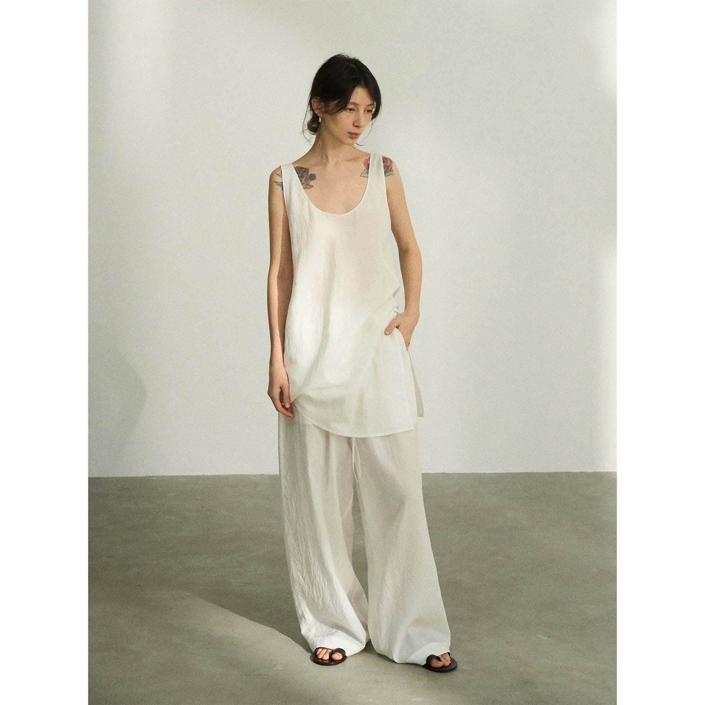 Design Elastic Waist Stone Washed Tencel Matte Casual Trousers