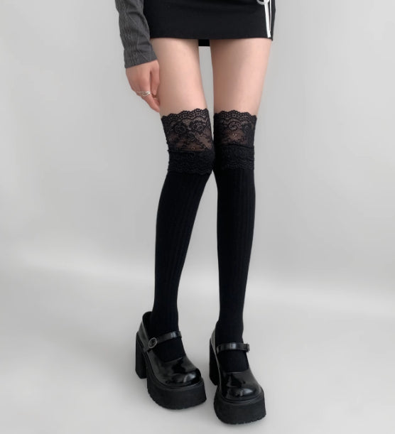 Women's Over The Knee Lace Boots Half Pure Black And White Calf Women's Socks