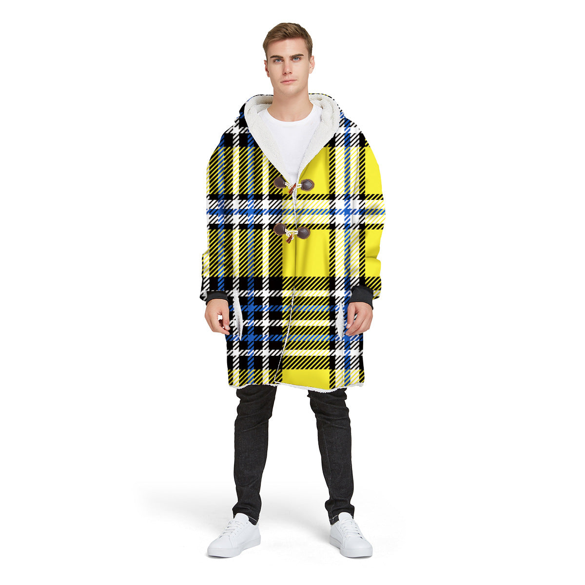 Fashion Plaid Men's Digital Printed Long Hooded Jacket