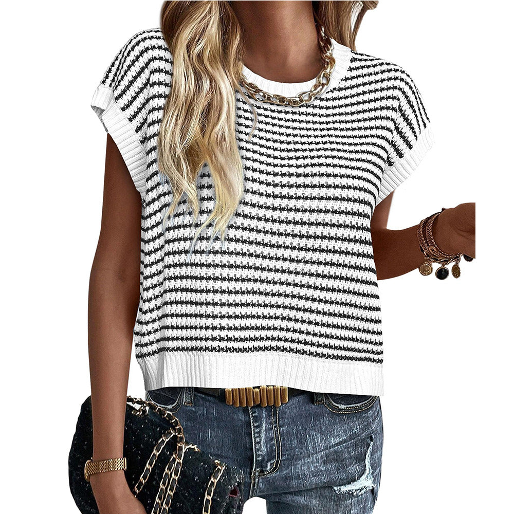 Ny Strikket Top Med Rund Hals Afslappet Stribet Sweater Med Kontrastfarve