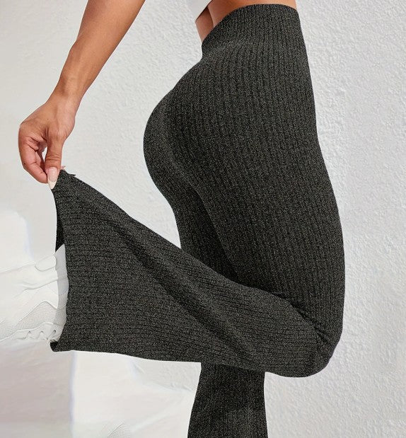 Womens High-Waisted Slimming Ribbed Casual Flare Pants