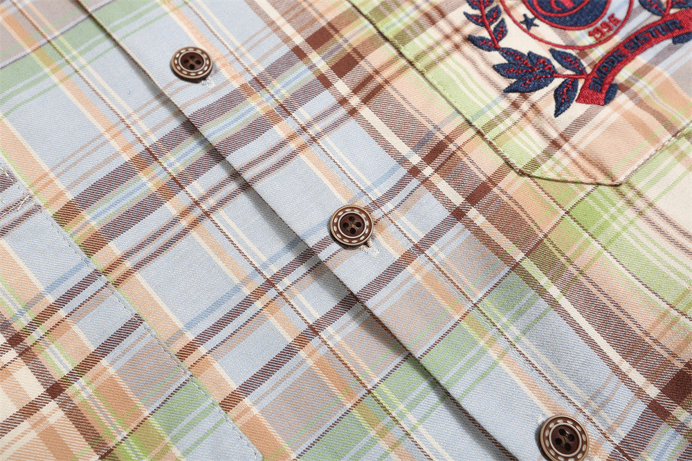 Embroidered Pocket Casual Polo Collar Checked Shirt