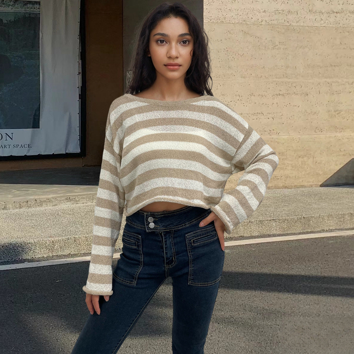 Front And Back Wearable Striped Long-sleeved Sweater