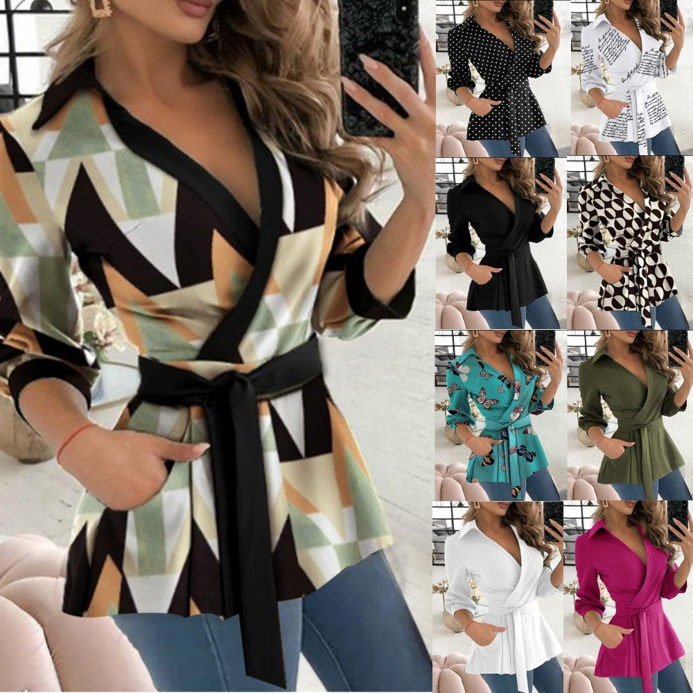 Printed Long Sleeve V-neck Belt Shirt