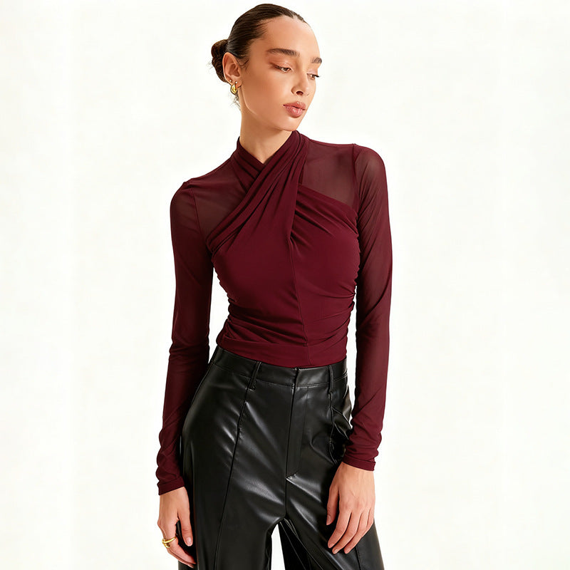 New Round-neck Cross-perspective Mesh Shirred Spliced Top