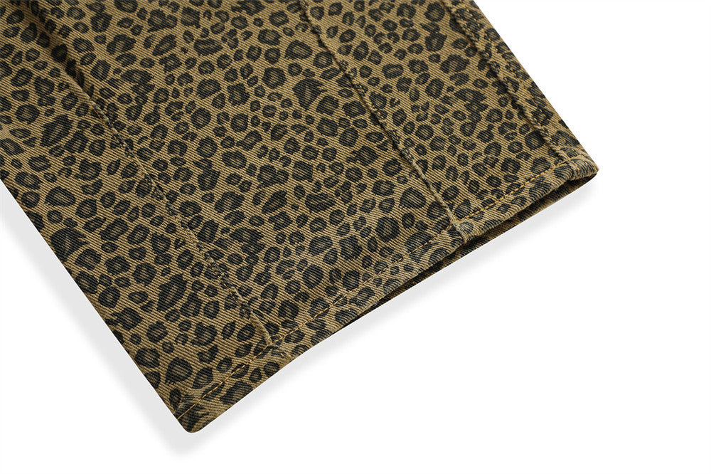 Leopard Print Denim Suspender Pants Men's High Street Loose