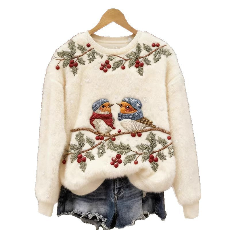 Womens 3D DigitalPrint Flannel Crewneck Sweatshirt For FallWinter