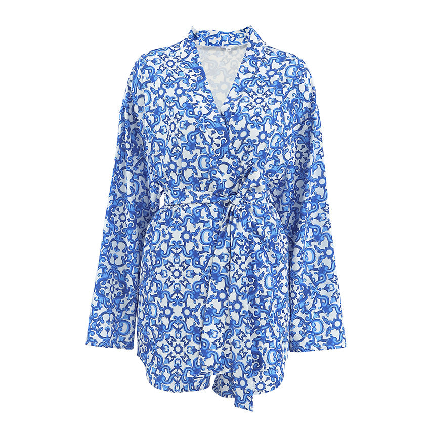 Printed Loose Cozy Long-Sleeve Shorts Pajama Set