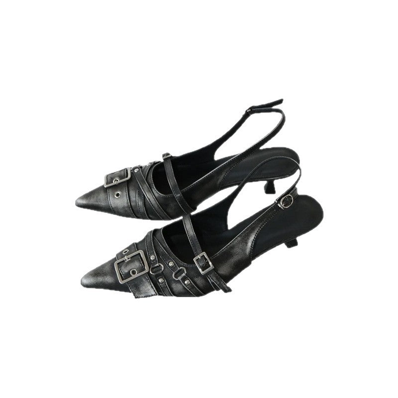 Womens Retro Pointed-Toe Ankle-Strap High Heel Sandals