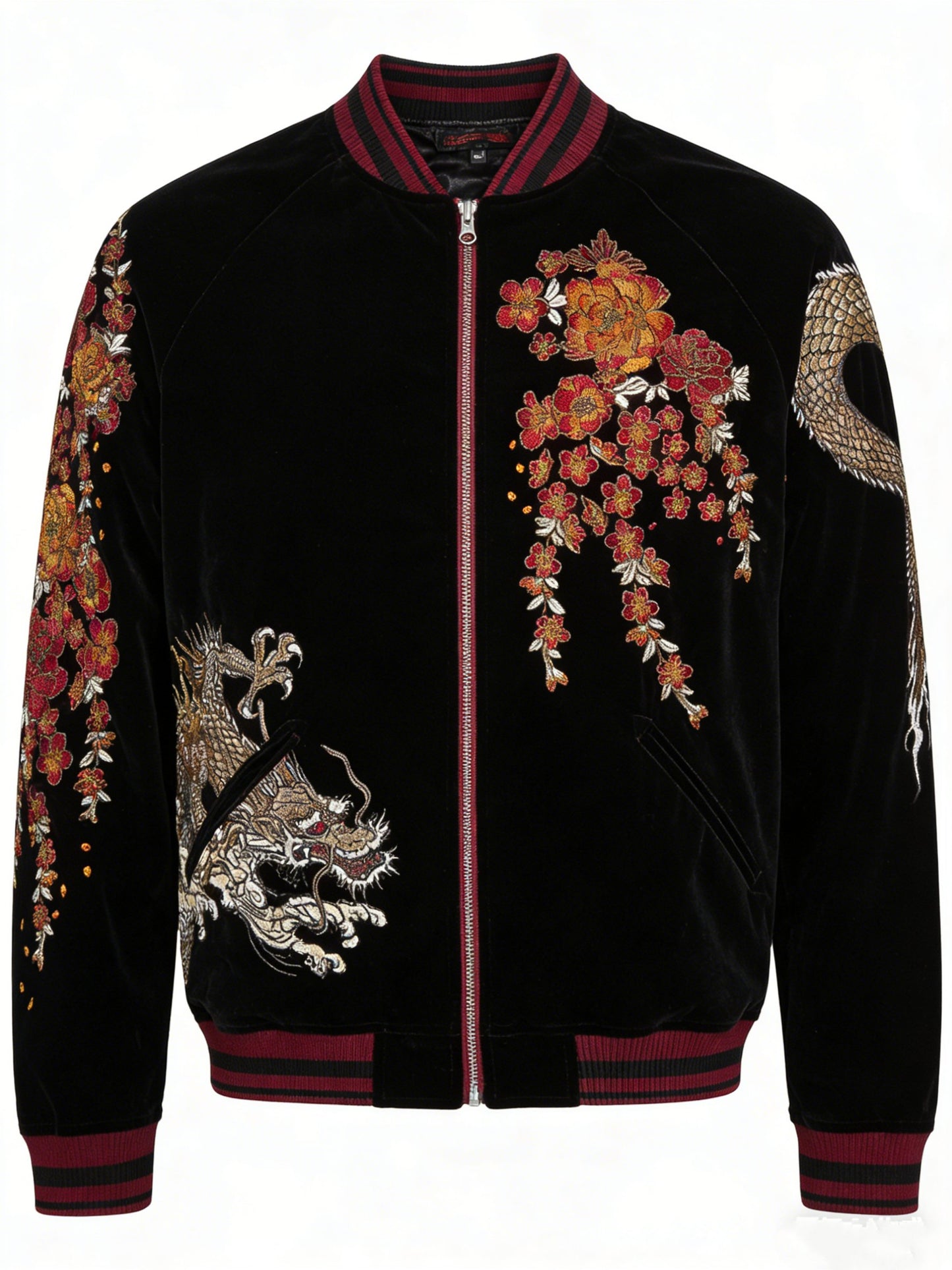 Embroidered Dragon Mens Casual Baseball Jacket With Two Dragons Playing With A Pearl Design