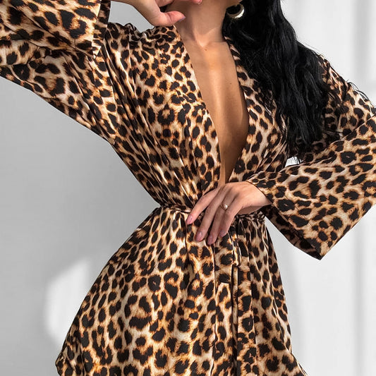 Leopard-print Camisole Cardigan And Short-sleeve Shorts Pajama Set