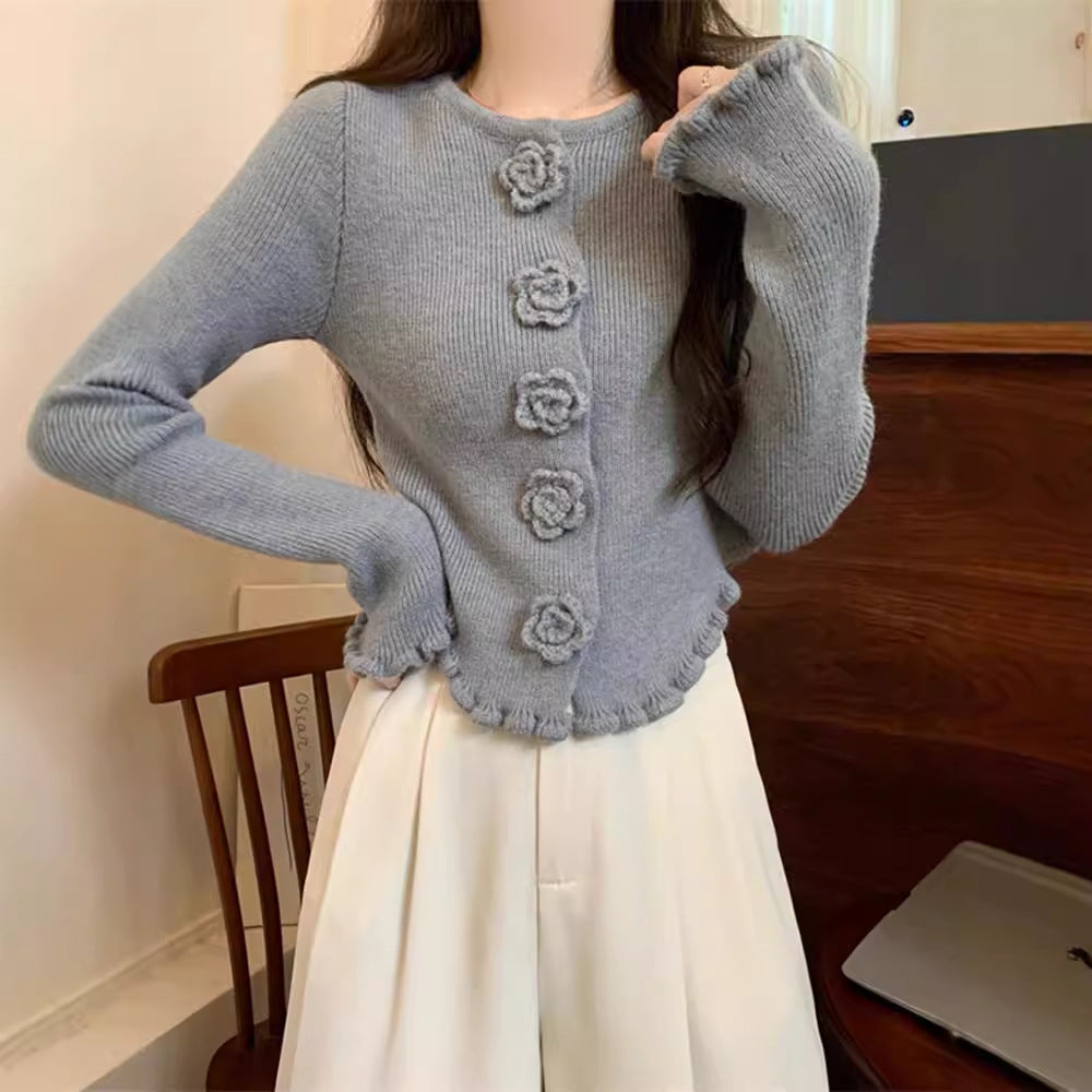 Women's Three-dimensional Flower Long-sleeved Sweater With Wooden Ear