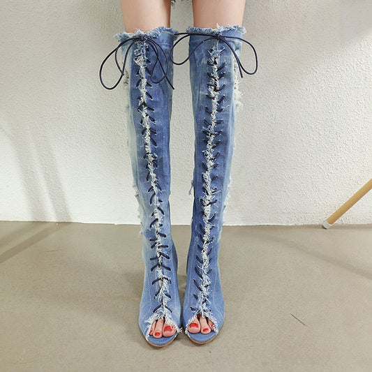 Crystal Block Heel Denim Fish Mouth Strap Roman High Heel Boots