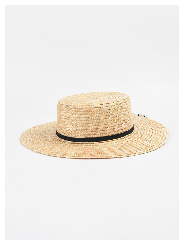 Flat Straw  Women Pearl Chain Sunshade Sun Hat