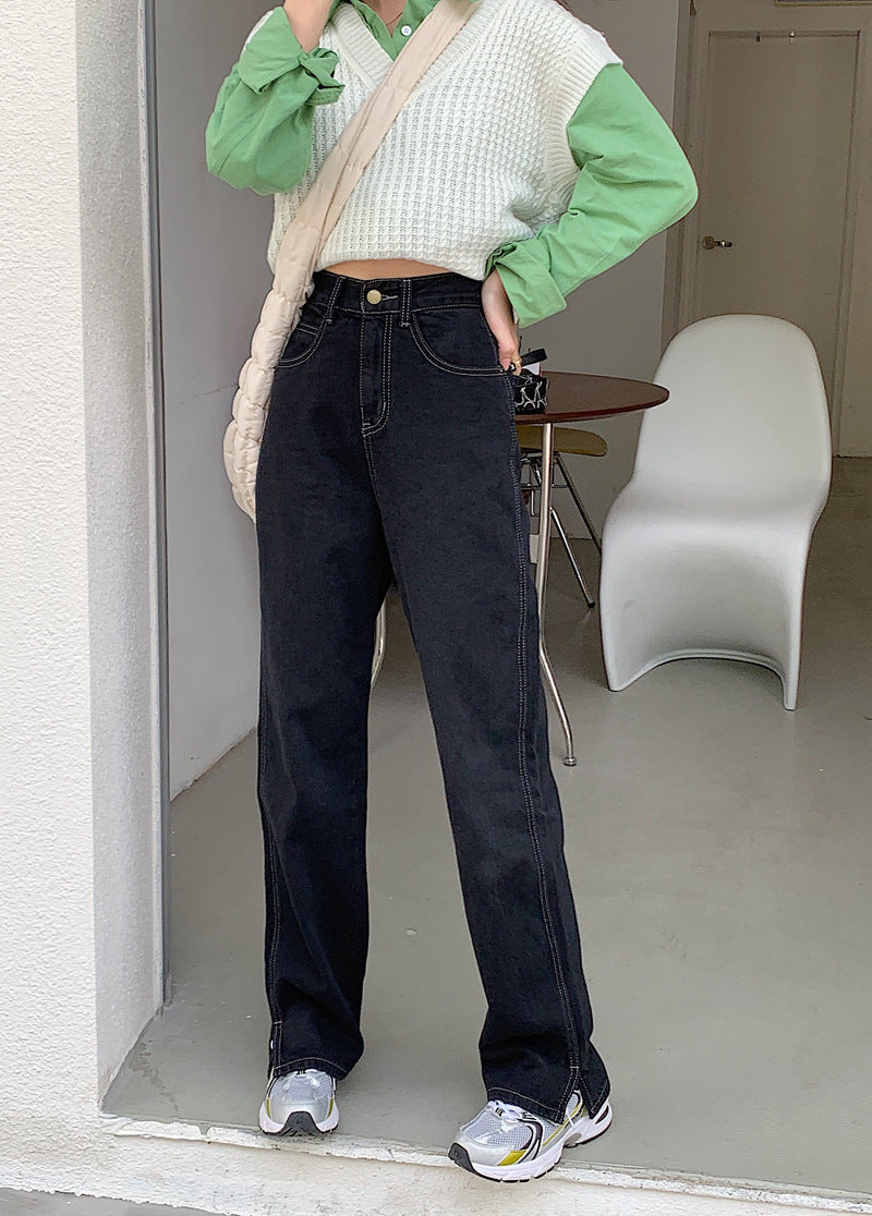 Højtaljede Slimmende Sorte Jeans med Høj Slids og Lige Ben