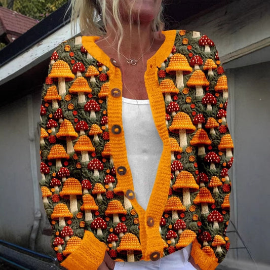 Womens All-Match Printed Knitted Faux Sweater Fabric Cardigan For FallWinter