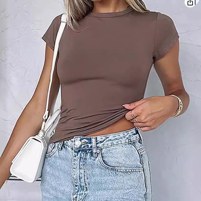 Basic Style Round Neck Short Sleeve Women's Tight Sexy