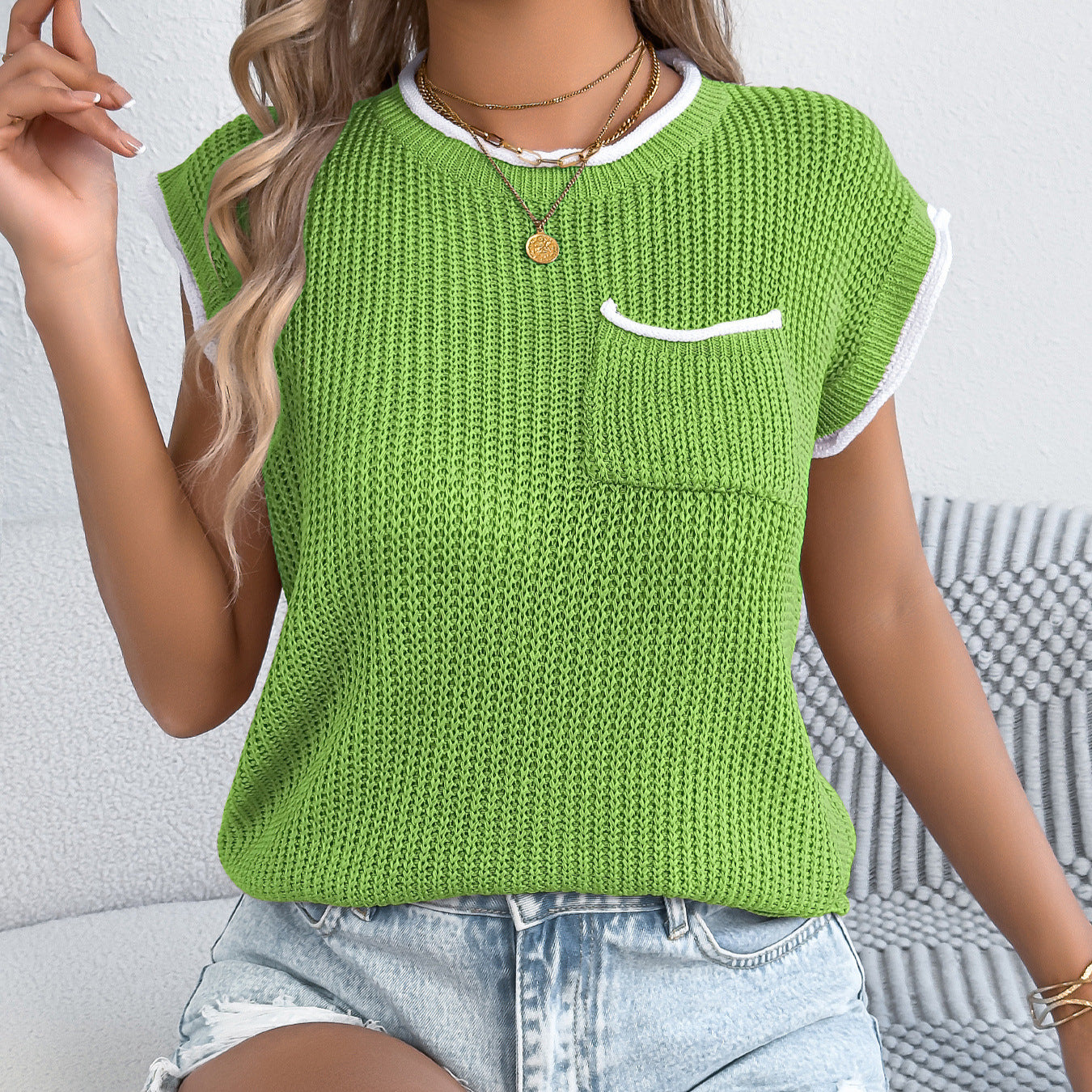Color-block Pocket Bat-sleeve Casual Loose Knit Top