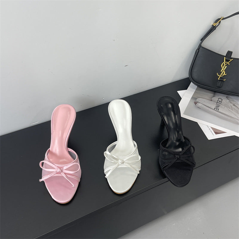 Fashionable Bow-Tie Open-Toe Mesh High-Heel Slide Sandals For Women