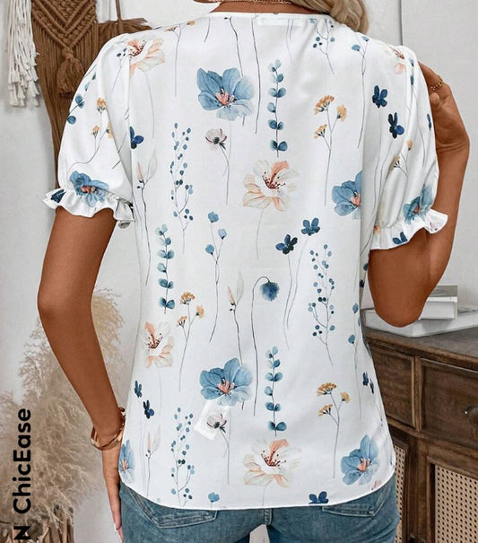 Dame Ferie Fritid Blomsterprint Kontrastblonde Puftopbluse