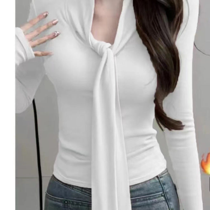 Pure Red V-neck Lace-up Bottoming Shirt