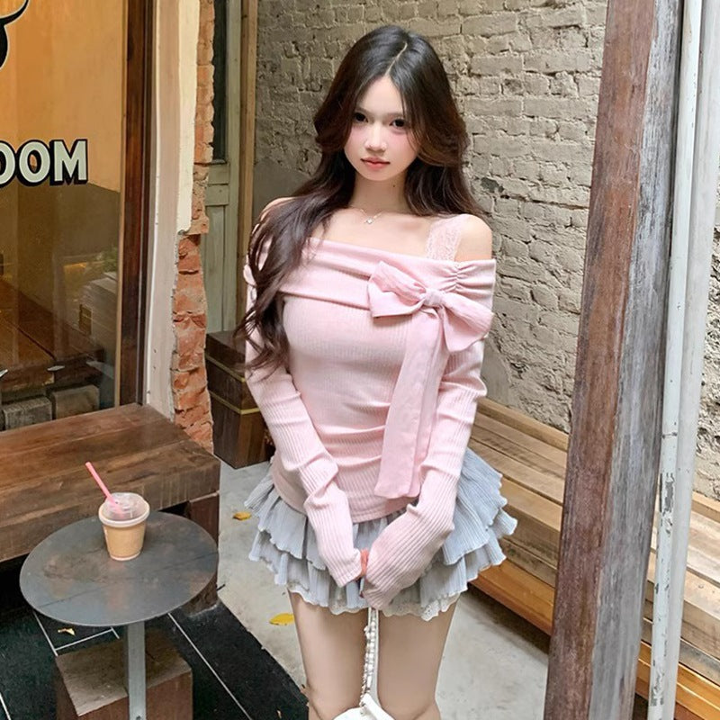 Off-shoulder Bowknot Off-shoulder Upper Clothes Long Sleeves T-shirt
