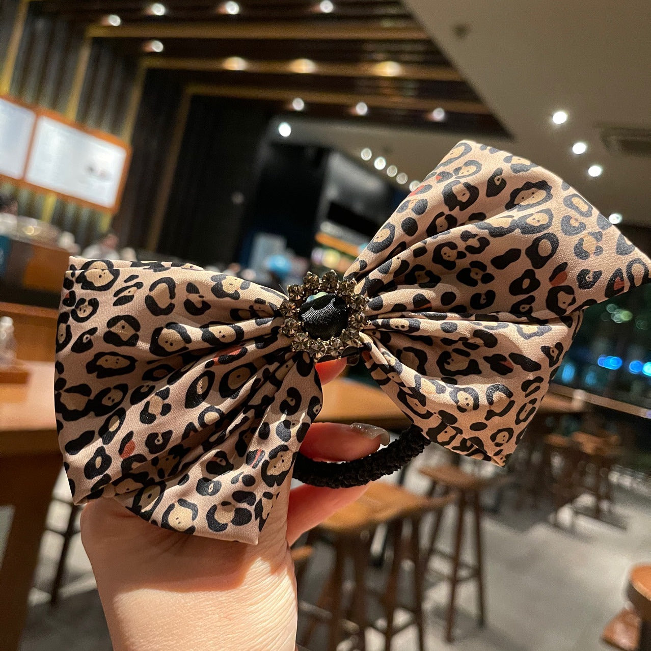 Leopard Print Bowknot Rhinestone Hair Tie Back Head