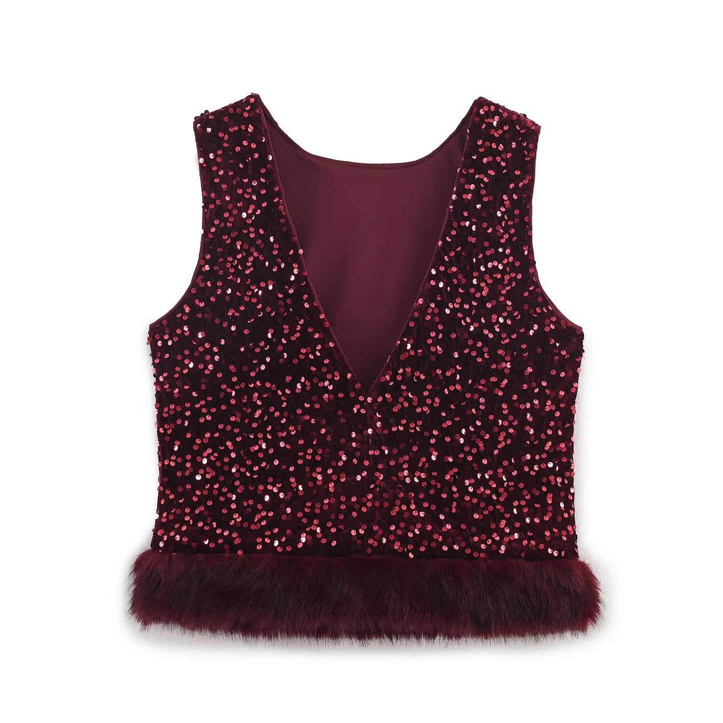 Sequined Fur-effect Hem Top And Trousers
