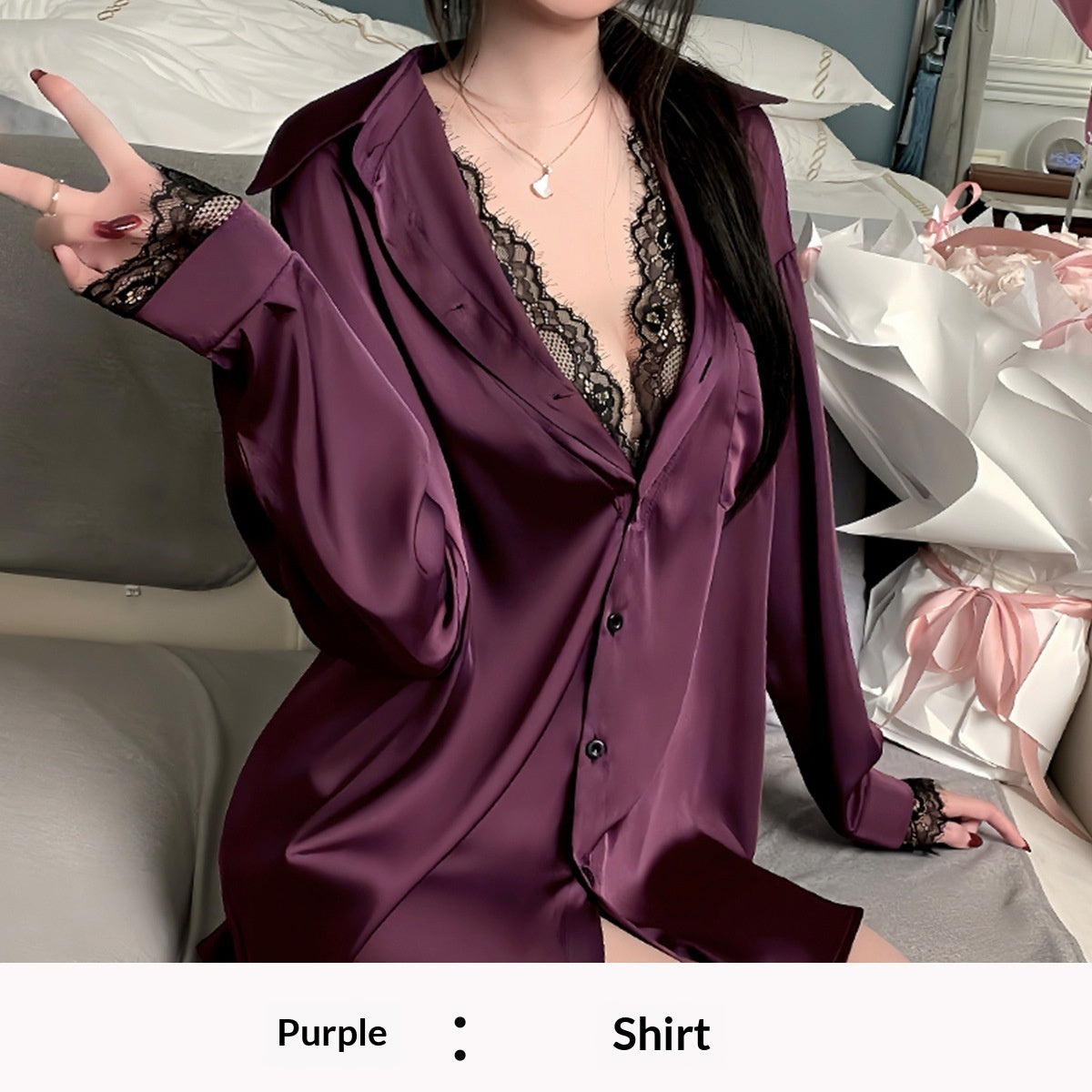 Ziqu Womens Plus-Size Lace Fake Two-Piece Pajama Set