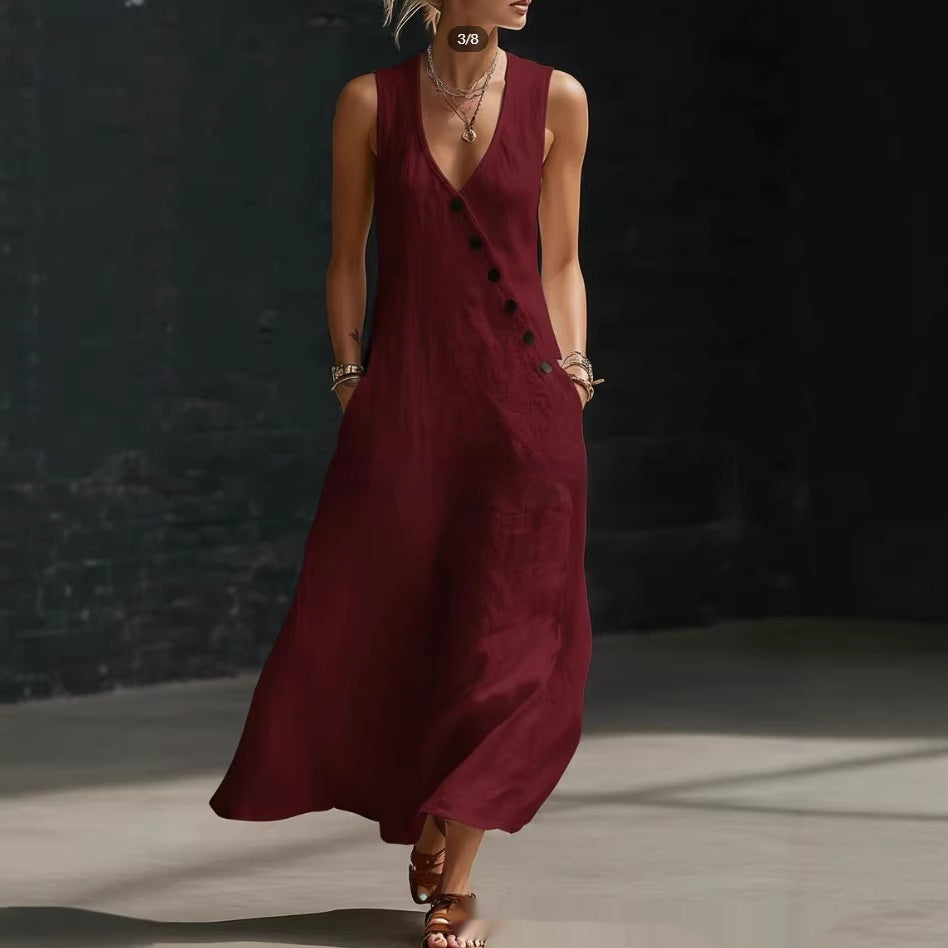Womens Solid-Color Buttoned Tank Dress