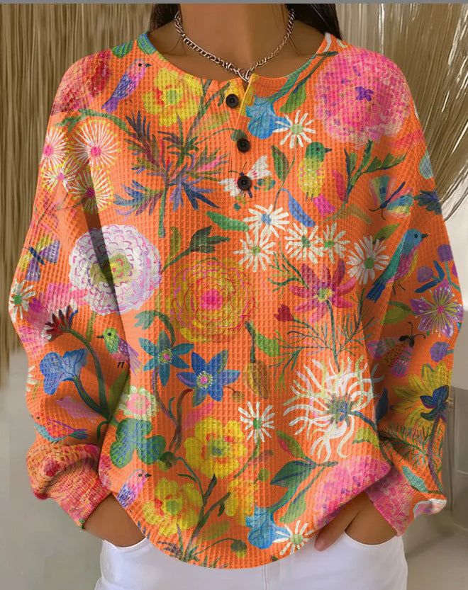 Hættetrøje til kvinder med plaidgræskar, blomster- og sommerfugleprint med knapper