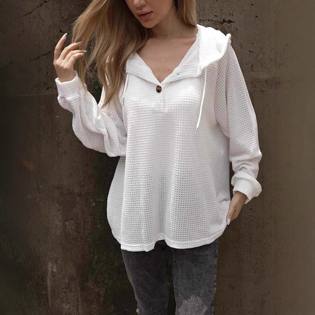 Ensfarvet hættetrøje med snøre V-udskæring Casual Løstsiddende langærmet sweatshirt