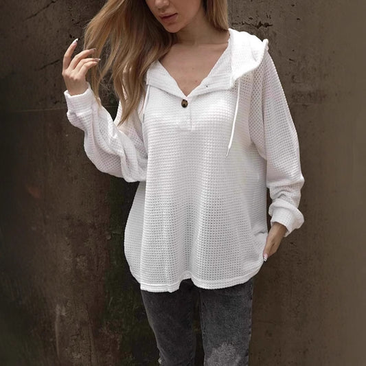 Solid Color Buttons Hoodie With Drawstrings V-neck Casual Loose Long Sleeve Sweatershirt
