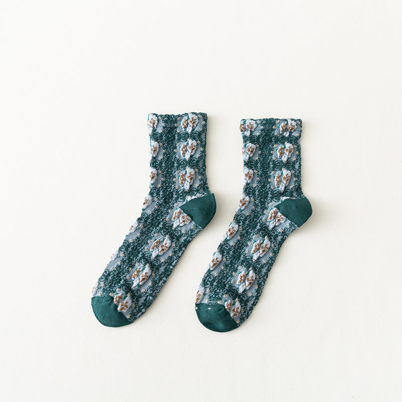 Women's Literary Medium Tube Retro Forest Green Socks