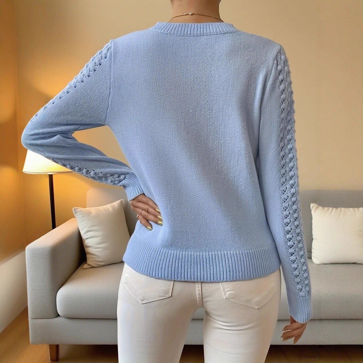 Solid Color Hollow Elegant Round Neck Long Sleeve Sweater
