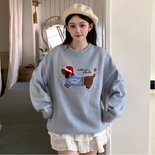 Strikket Sweater til Kvinder med Broderet Hundehvalp