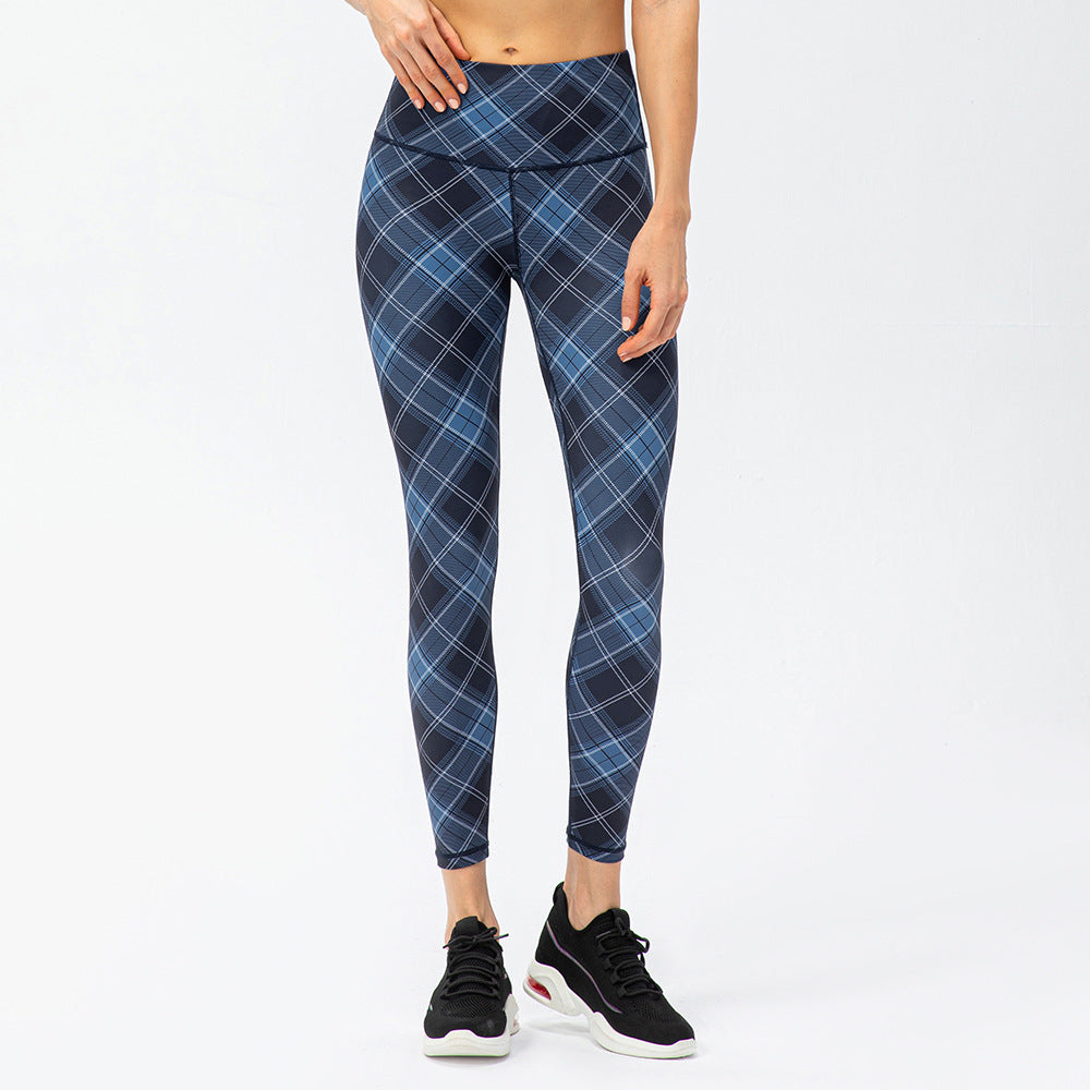 Women's Houndstooth Yoga Trousers Nude Feel High Waist Peach Hip Tight Running Exercise Pants Plaid Elements